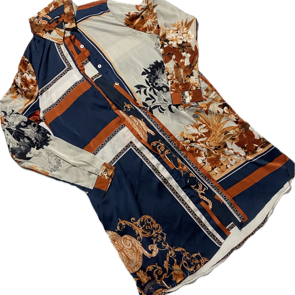 Fashion Nova Navy, Brown & Cream Patterned Button-Down Shirt Dress S